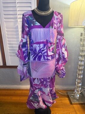 Purple Floral Patchwork Ruffle-Sleeve Dress